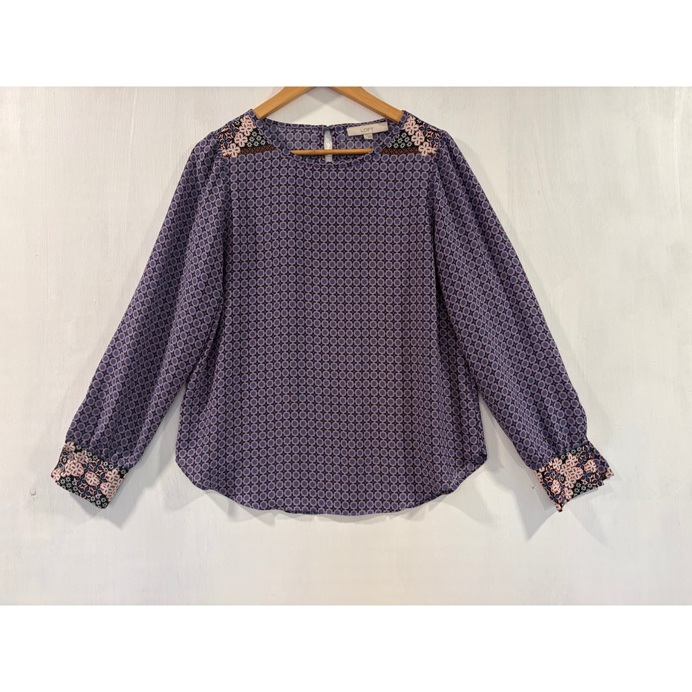 LOFT‎ Blue Pink Geometric Mixed Print Long Sleeve Blouse Medium